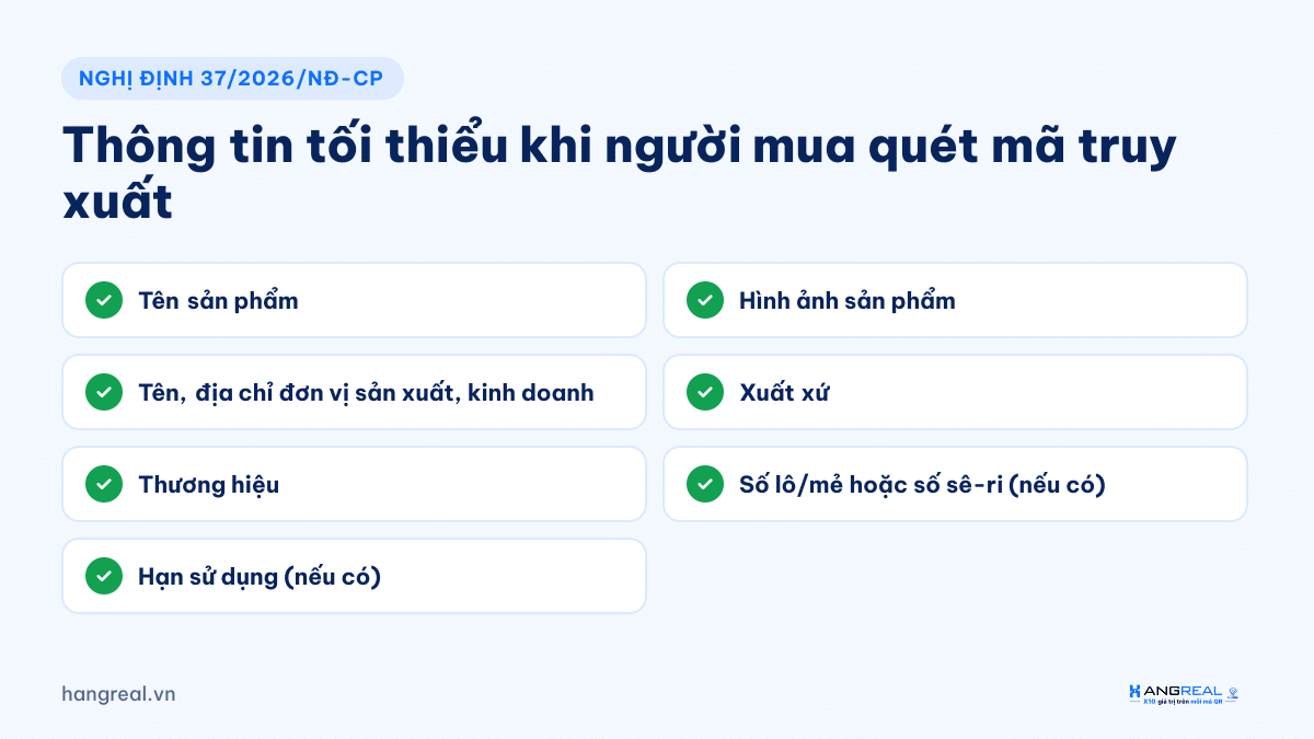 Thông tin tối thiểu hiển thị khi quét mã QR truy xuất nguồn gốc theo Nghị định 37/2026/NĐ-CP
